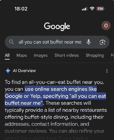 18:02 1% Google о all you сап eat buffet пеагте All Overview То find an all-you-can-eat buffet near you, you can use online search engines like Google or Yelp, specifying “all you can eat buffet near 