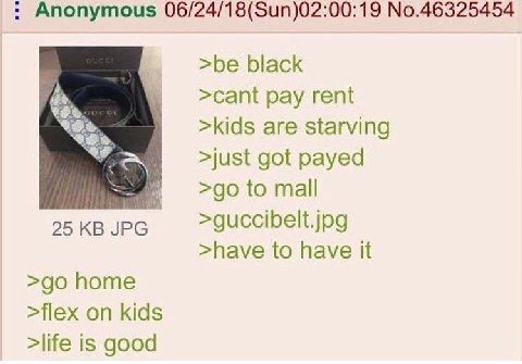 Anonymous 06/24/18(Sun)02:00:19 No.4632545 >be black >cant pay rent >kids are starving >just got payed to mall 25 JPG >guccibelt.jpg >have to have it home >flex on kids >life is good