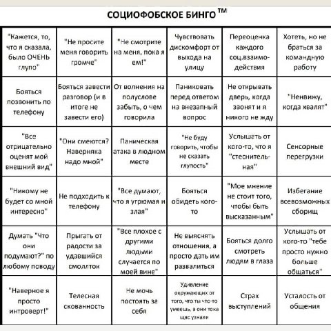 СОЦИОФОБСКОЕ БИНГО "Кажется, то, Чувствовать Переоценка Хотеть, но не "Не просите "Не смотрите что я сказала, дискомфорт от каждого браться за было ОЧЕНЬ меня говорить на меня, пока я выхода на команд