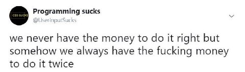 Programming sucks we never have the money to it right but somehow we always have the fucking money to it twice