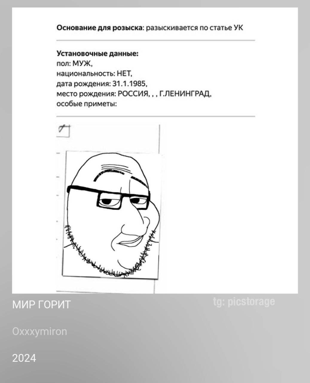 для розыска: разыскивается по статье Установочные данные: пол: МУЖ, национальность: НЕТ, дата рождения: 31.1.1985, место рождения: РОССИЯ, Г.ЛЕНИНГРАД, особые приметы: $29 МИР ГОРИТ picstorage 2024