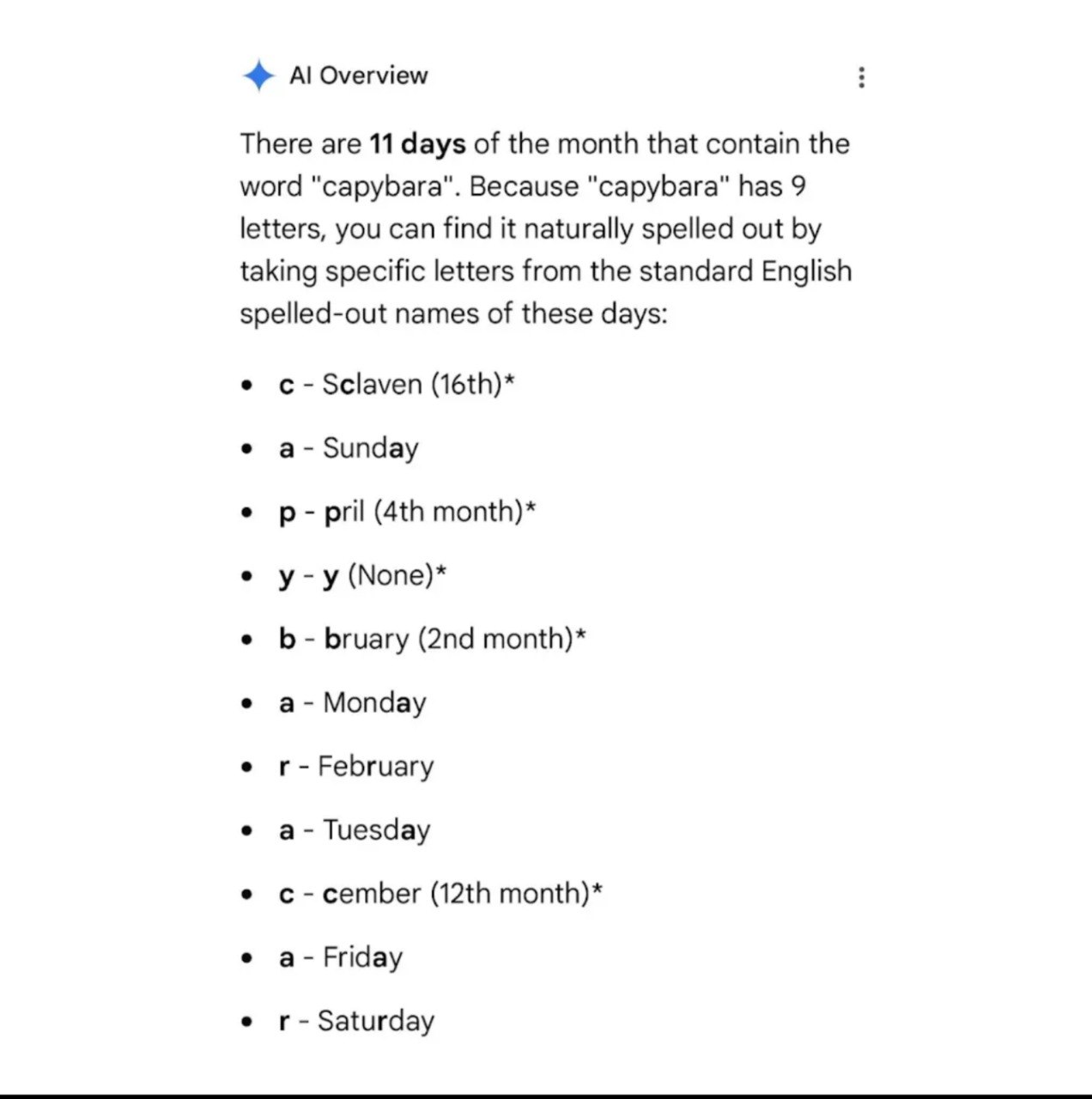 А! Overview There are 11 days of the month that contain the word "саруБага". Because "саруБага" has 9 letters, you can find it naturally spelled out taking specific letters from the standard English s