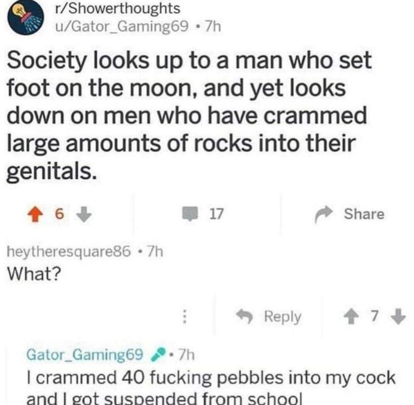 r/Showerthoughts u/Gator_Gaming69 Society looks up to a man who set foot on the moon, and yet looks down on men who have crammed large amounts of rocks into their genitals. 17 Share heytheresquare&6 W