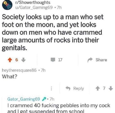 r/Showerthoughts u/Gator_Gaming69 Society looks up to a man who set foot on the moon, and yet looks down on men who have crammed large amounts of rocks into their genitals. 17 Share heytheresquare&6 W