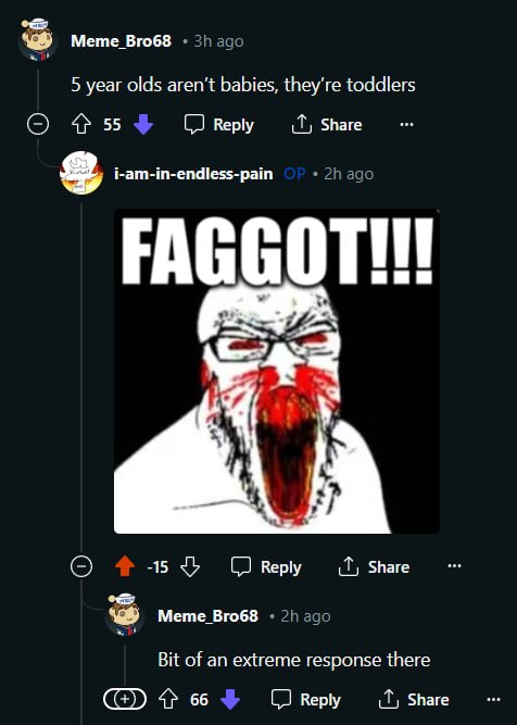 Meme_Bro68 5 year olds aren't babies, they're toddlers О 5 Reply Share 2 i-am-in-endless-pain FAGGOT -15 Веру Share Meme_Bro68 Bit of an extreme response there Reply Share CED 4? 66