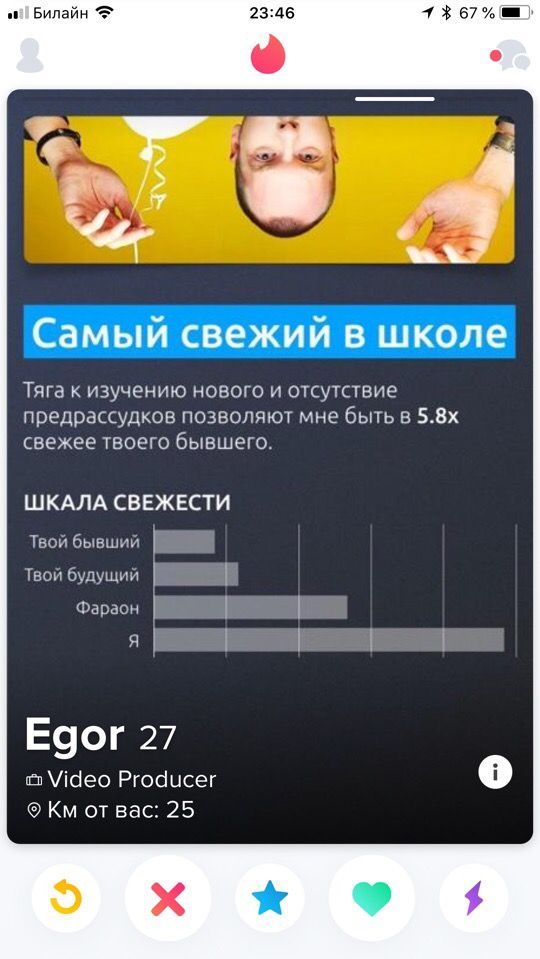 Билайн 23:46 Самый свежий в школе Тяга к изучению нового и отсутствие предрассудков позволяют мне бытьв свежее твоего бывшего. ШКАЛА СВЕЖЕСТИ Твой бывший Твой будущий Фараон я Egor 27 Video Producer о