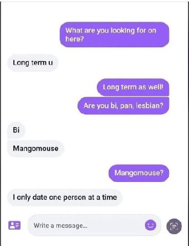 What are you looking for on here? Long term Long term as well! Are you pan, lesbian? Mangomouse only date one person at a time 23 Write a message...