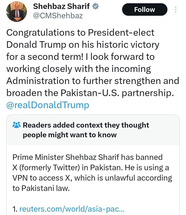 Shehbaz Sharif @CMShehbaz Congratulations to President-elect Donald Trump on his historic victory for term! look forward to working closely with the incoming Administration to further strengthen and b