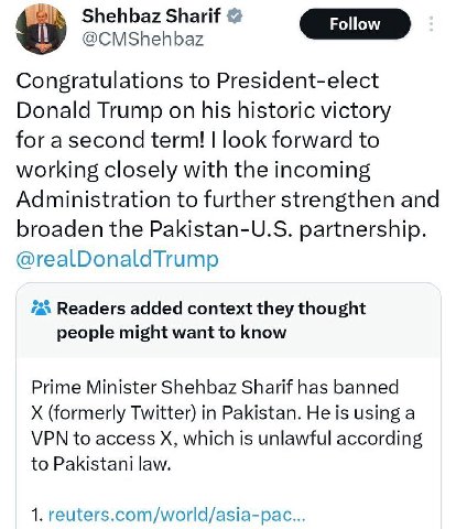 Shehbaz Sharif @CMShehbaz Congratulations to President-elect Donald Trump on his historic victory for term! look forward to working closely with the incoming Administration to further strengthen and b