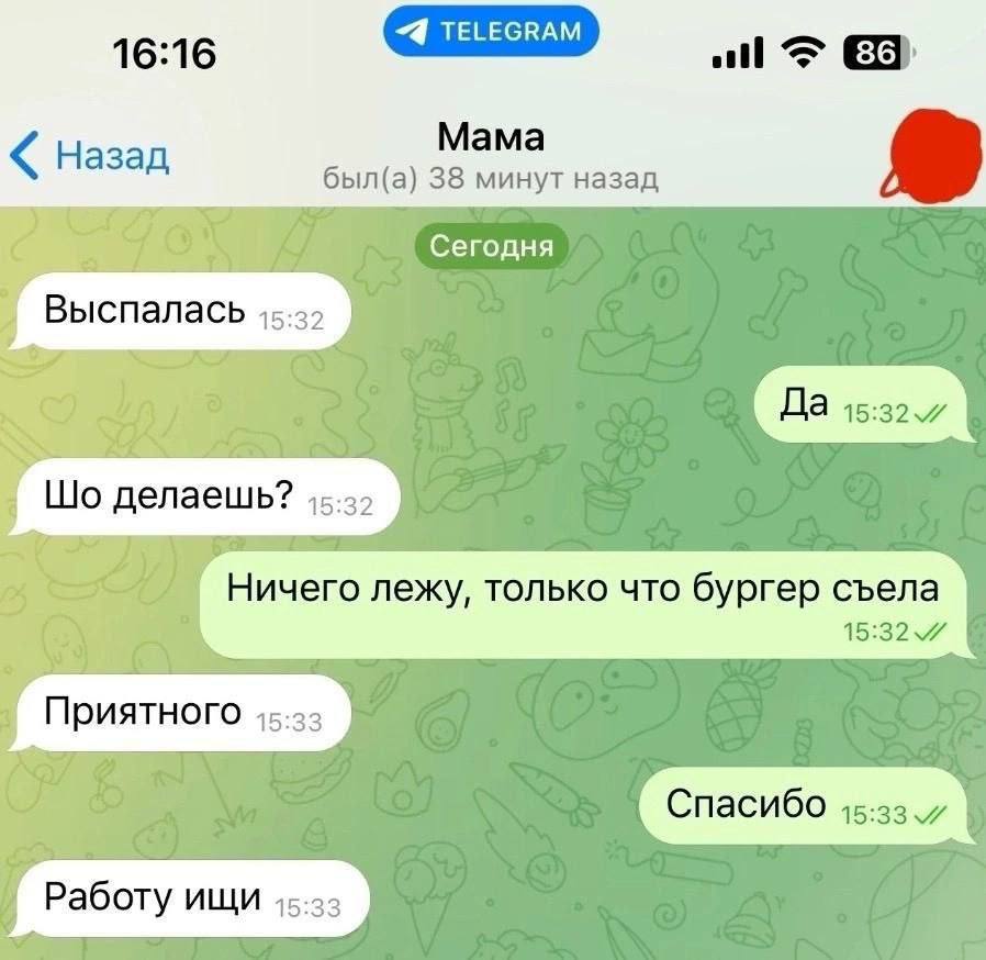 16:16 all Mama Назад был(а) 38 минут назад Сегодня Выспалась 2 делаешь? Ничего лежу, только что бургер съела 15:32 Приятного Спасибо Работу ищи 45-22