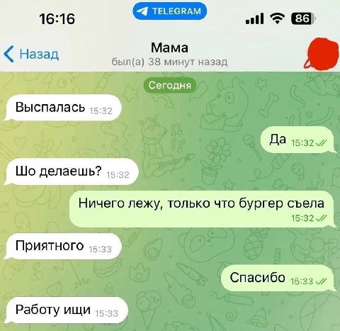 16:16 all Mama Назад был(а) 38 минут назад Сегодня Выспалась 2 делаешь? Ничего лежу, только что бургер съела 15:32 Приятного Спасибо Работу ищи 45-22