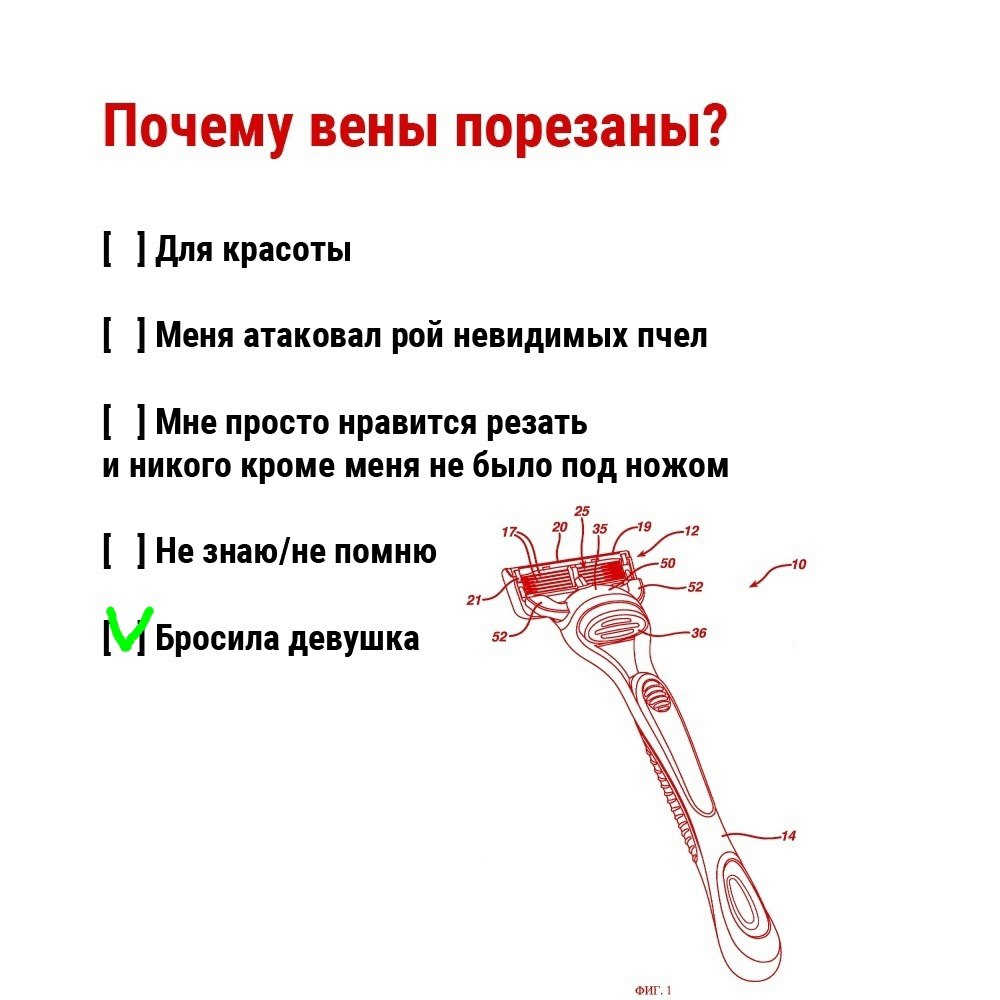 Почему вены порезаны? Для красоты Меня атаковал рой невидимых пчел Мне просто нравится резать и никого кроме меня не было под ножом знаю/не помню 21. Бросила девушка