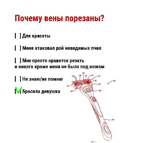 Почему вены порезаны? Для красоты Меня атаковал рой невидимых пчел Мне просто нравится резать и никого кроме меня не было под ножом знаю/не помню 21. Бросила девушка
