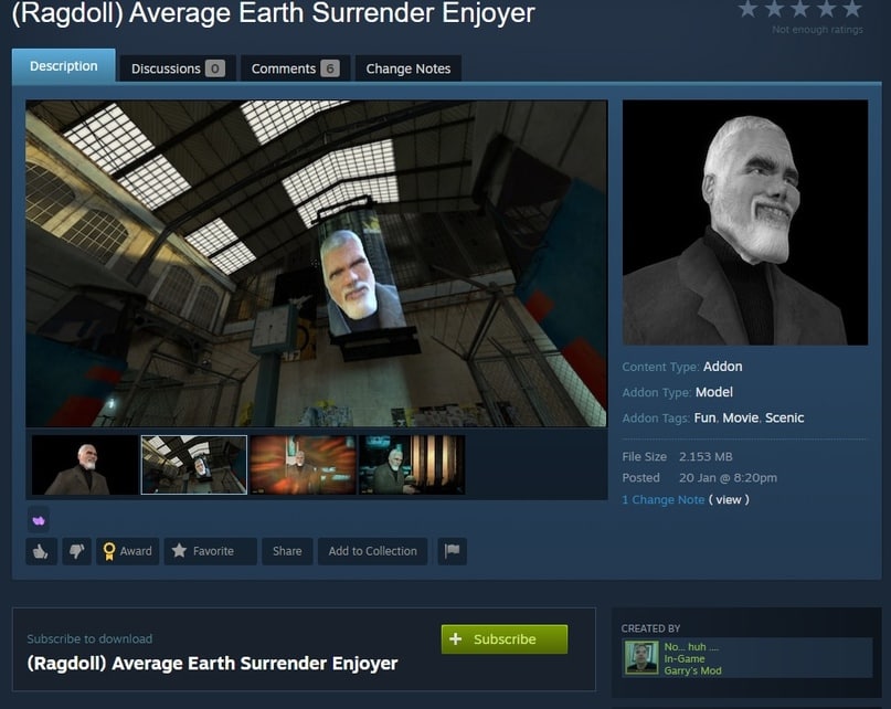 (Ragdoll) Average Earth Surrender Enjoyer Discussions Comments Change Notes Content Туре: Addon Addon Type Model Addon Tags Fun, Movie, Scenic File Size 2.153 Posted 20 Jan 1 Change Note (view) о Awar
