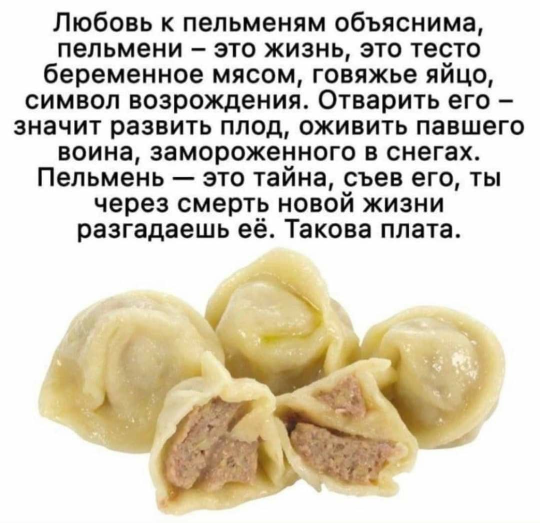 Любовь к пельменям объяснима, пельмени это жизнь, это тесто беременное мясом, говяжье яйцо, символ возрождения. Отварить его значит развить плод, оживить павшего воина, замороженного в снегах. Пельмен
