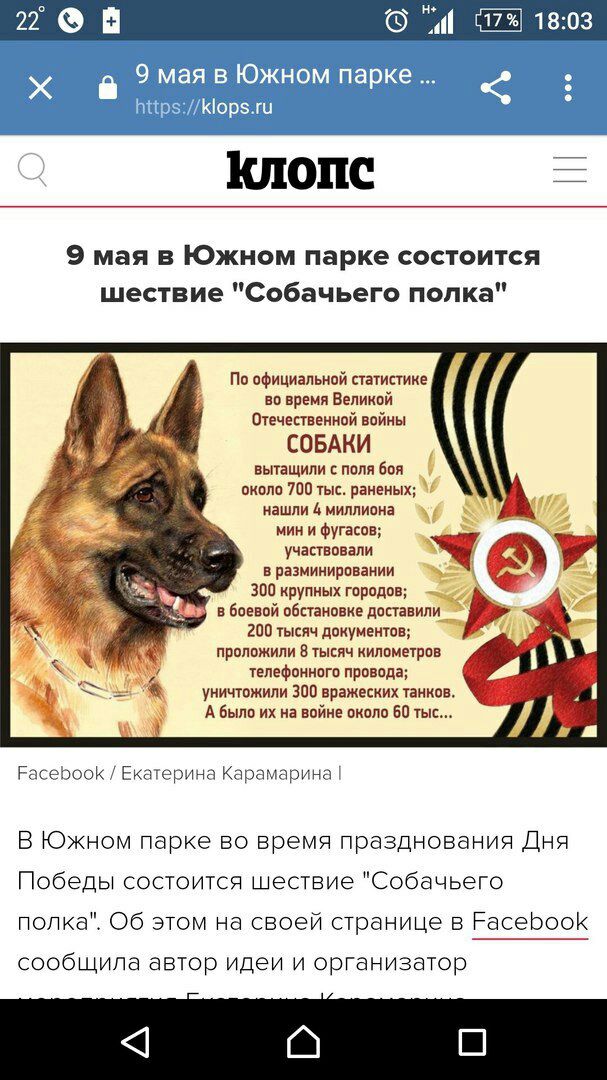 22 18:03 9 мая в Южном парке https://klops.ru 9 мая в Южном парке состоится шествие "Собачьего полка" По официальной статистике во время Великой Отечественной войны СОБАКИ вытащили с поля боя около 70
