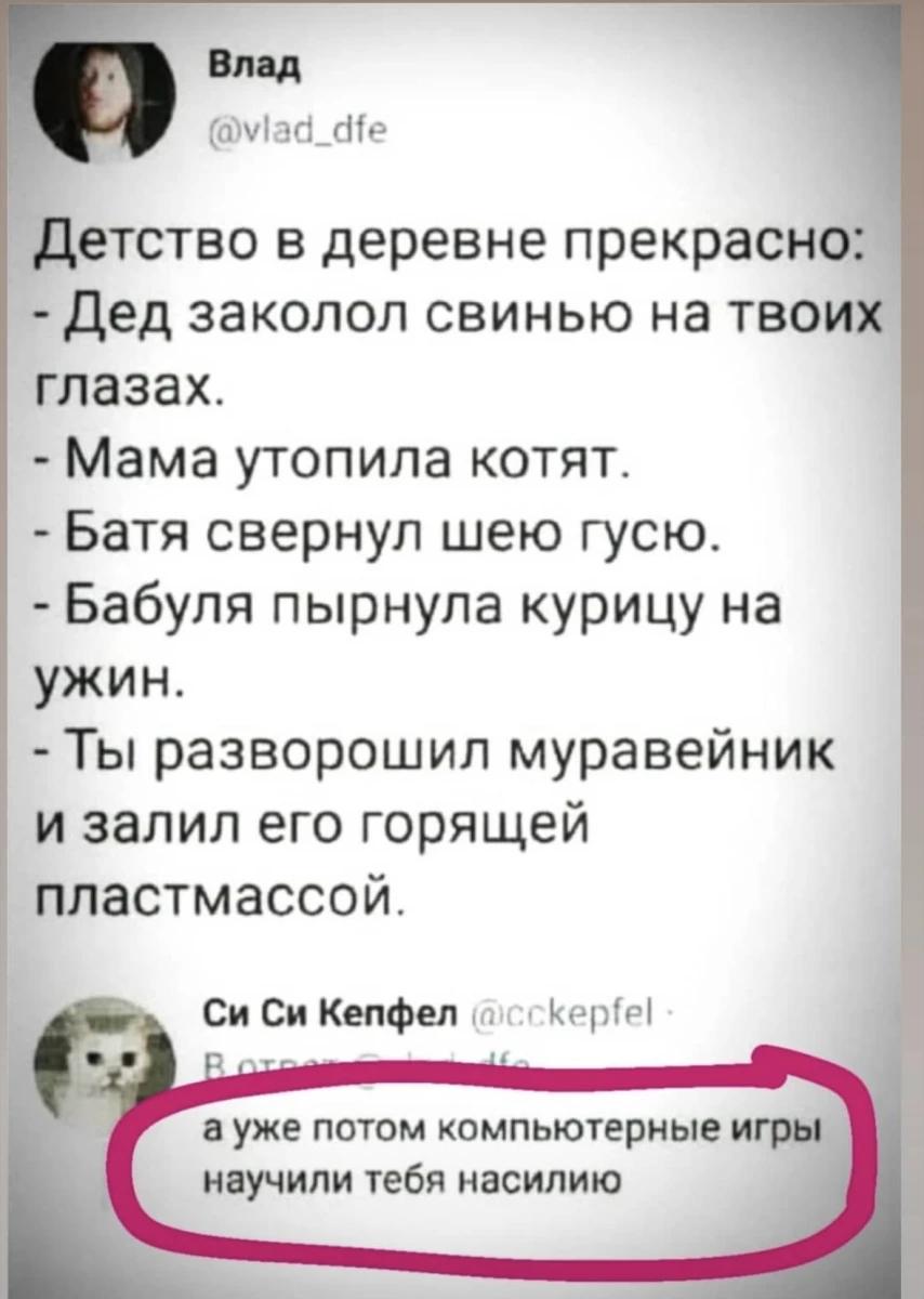 Влад @viad_dfe Детство в деревне прекрасно: Дед заколол свинью на твоих глазах. Мама утопила котят. Батя свернул шею гусю. Бабуля пырнула курицу на ужин. Ты разворошил муравейник и залил его горящей п