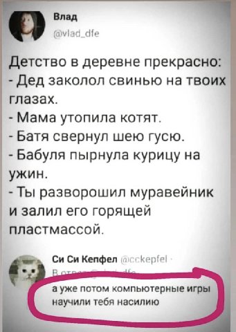 Влад @viad_dfe Детство в деревне прекрасно: Дед заколол свинью на твоих глазах. Мама утопила котят. Батя свернул шею гусю. Бабуля пырнула курицу на ужин. Ты разворошил муравейник и залил его горящей п
