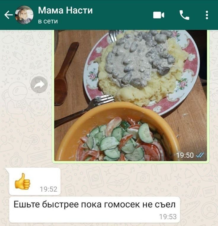 Мама Насти в сети 19:52 Ешьте быстрее пока гомосек не съел 19:53