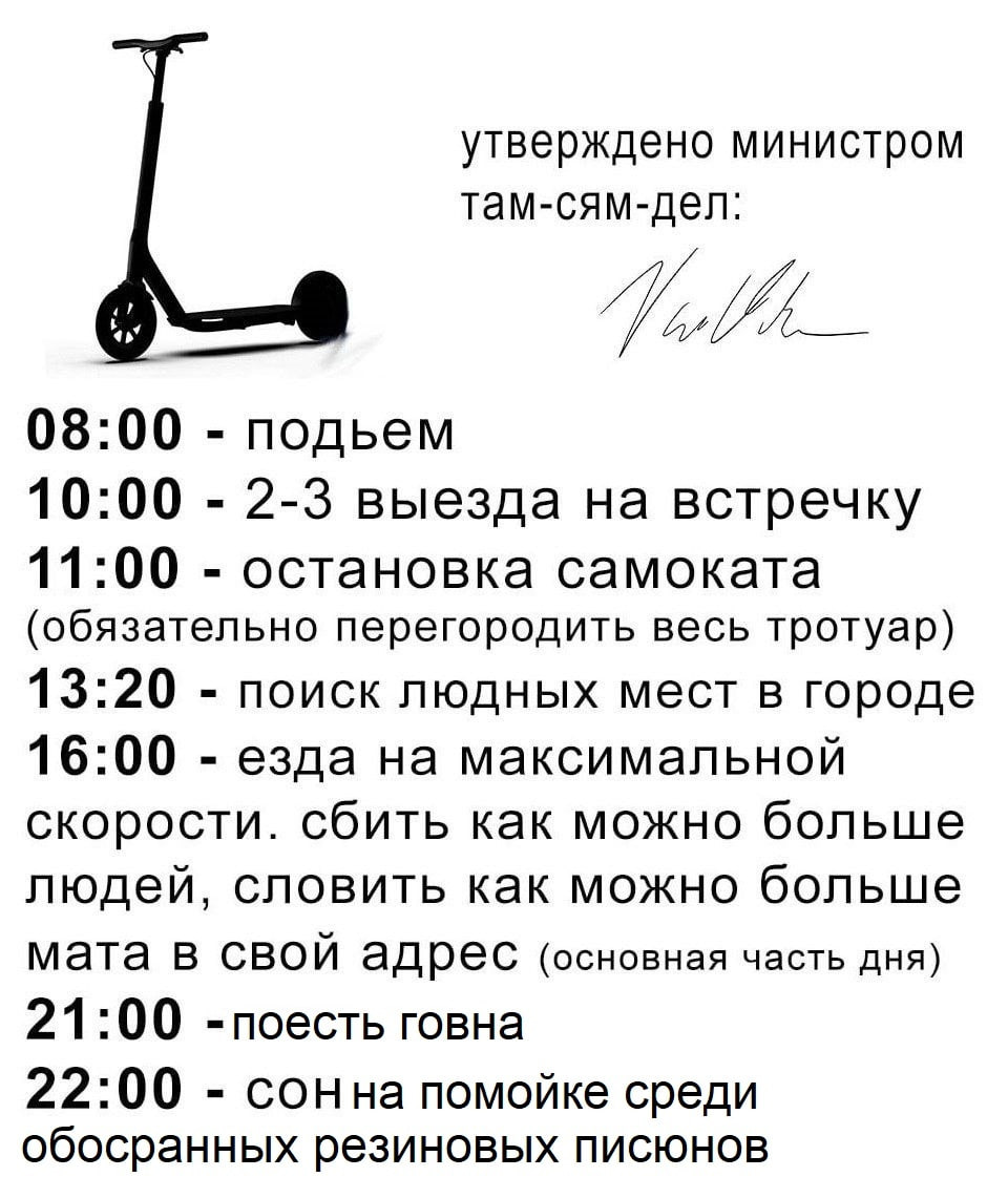 утверждено министром там-сям-дел: 08:00 подьем 10:00 2-3 выезда на встречку 11:00 остановка самоката (обязательно перегородить весь тротуар) 13:20 поиск людных мест в городе 16:00 езда на максимальной