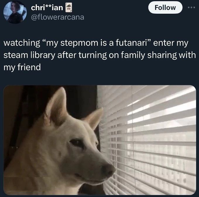 chri**ian Follow @flowerarcana watching “my stepmom is a futanari” enter my steam library after turning on family sharing with my friend