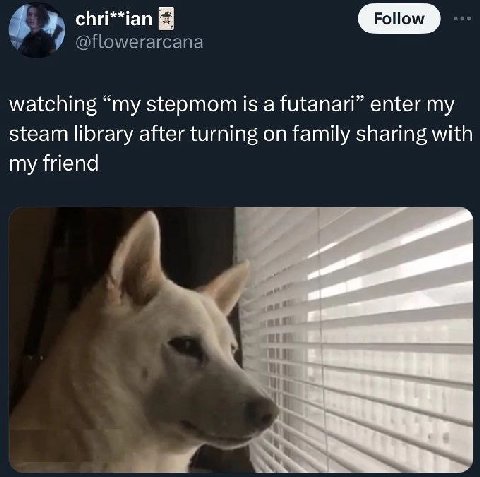 chri**ian Follow @flowerarcana watching “my stepmom is a futanari” enter my steam library after turning on family sharing with my friend