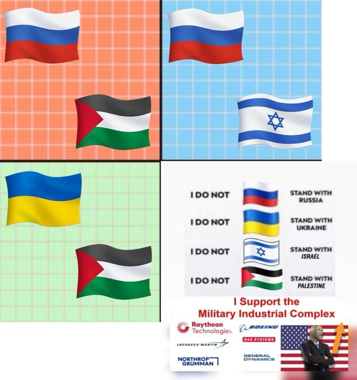NOT STAND WITH RUSSIA NOT STAND WITH UKRAINE NOT STAND WITH ISRAEL STAND WITH NOT PALESTINE Support the Military Industrial Complex Raytheon Technologies GENERAL NORTHROP’ DYNAMICS GRUMMAN