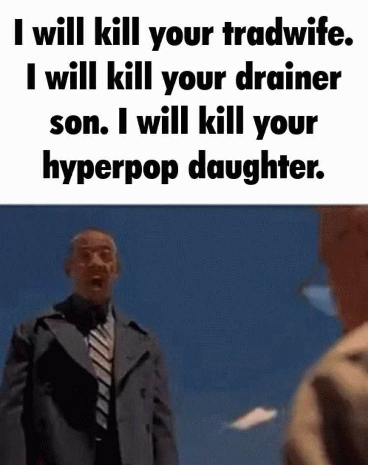 will kill your tradwife. kill your drainer son. will kill your hyperpop daughter.