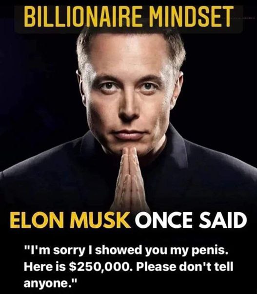 BILLIONAIRE MINDSET ELON MUSK ONCE SAID sorry showed you my penis. Here is $250,000. Please don't tell anyone."