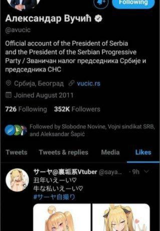 Александар Вучий Official account of the President of Serbia and the President of the Serbian Progressive Party Званичан налог председника Србие и председника СНС 726 Tweets Tweets replies Media Likes