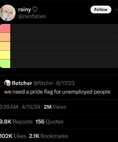 rainy @rainfxllen fletcher @fltchrr we need a pride flag for unemployed people 5:39 4/13/24 Views Reposts 156 Quotes Likes Bookmarks