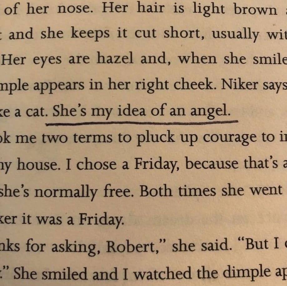 of her nose. Her hair is light brown and she keeps it cut short, usually wit Her eyes are hazel and, when she smile nple appears in her right cheek. Niker says a cat. my idea of an angel. к me two ter