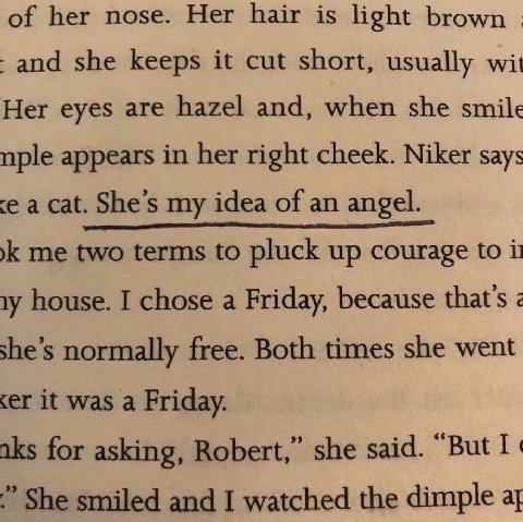 of her nose. Her hair is light brown and she keeps it cut short, usually wit Her eyes are hazel and, when she smile nple appears in her right cheek. Niker says a cat. my idea of an angel. к me two ter