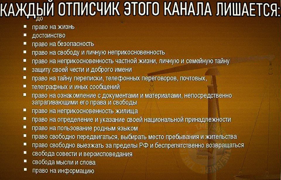 КАЖДЫЙ ОТПИСЧИК ЭТОГО КАНАЛА ЛИШАЕТСЯ: право на жизнь Достоинство право на безопасность право на свободу и личную неприкосновенность право на неприкосновенность частнои жизни, личную и семеиную таину 