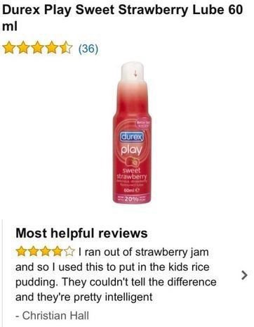 Durex Play Sweet Strawberry Lube 60 (36) play Most helpful reviews ran out of strawberry jam and so used this to put in the kids rice pudding. They couldn't tell the difference and they're pretty inte