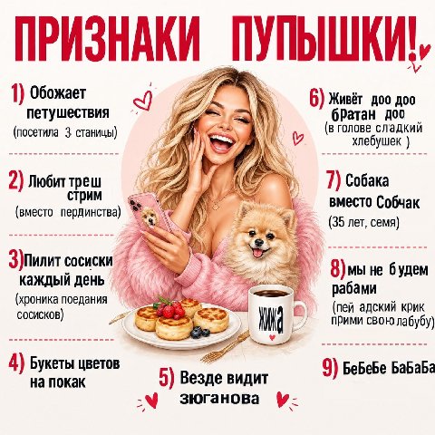 ПРИЗНАКИ 1) обожает 6) Живёт доо poo петушествия братан доо (посетила 3 станицы) (в голове сладкий хлебушек 2) Любит 1 7) собака вместо Собчак (вместо пердинства) (35 лет, семя) З)Пилит сосиски каждый