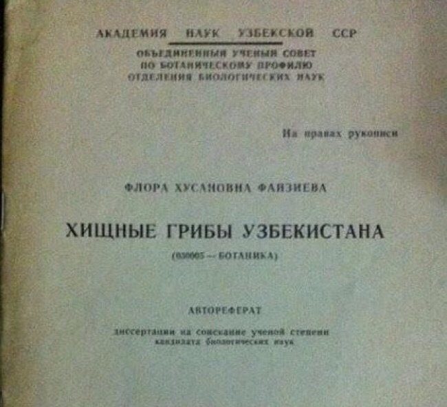 АКАДЕМИЯ НАУК УЗБЕКСКОЙ ССР УЧЕНЫЙ СОВЕТ NO ПРОФИЛЮ На ФЛОРА ХУСАНОВНЛ ХИЩНЫЕ ГРИБЫ УЗБЕКИСТАНА БОТАНИКА} АВТОРЕФЕРАТ на ученой степени