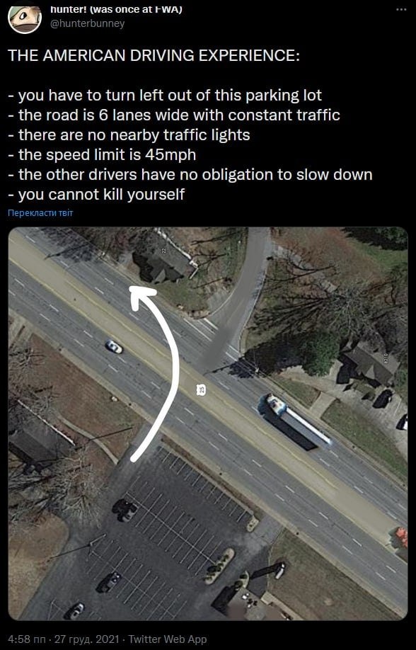hunter! (was once at FWA) eee @hunterbunney THE AMERICAN DRIVING EXPERIENCE: you have to turn left out of this parking lot the road is 6 lanes wide with constant traffic there are no nearby traffic li