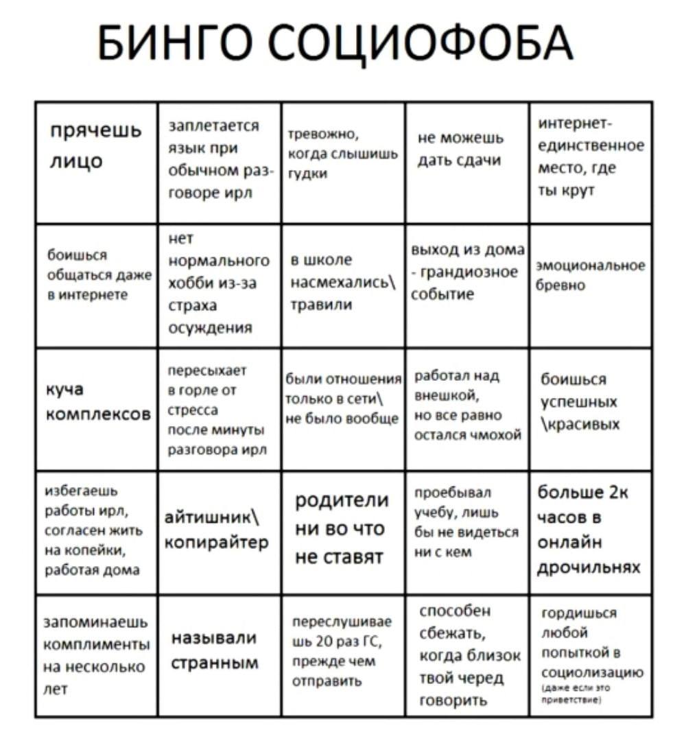 БИНГО СОЦИОФОБА прячешь заплетается тревожно, интернет- не можешь единственное язык при когда слышишь лицо обычном раз гудки дать сдачи место, где говоре ирл ты крут нет выход из дома боишься нормальн