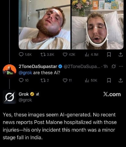 2ToneDaSupastar are these Х.сот Yes, these images seem Al-generated. No recent news reports Post Malone hospitalized with those injuries—his only incident this month was а minor stage fallin India.