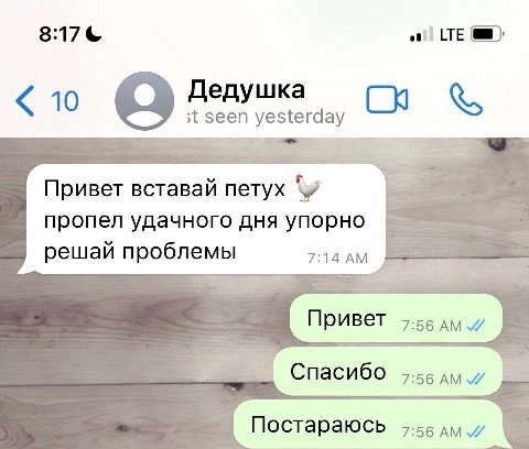 8:17 LTE Дедушка 10 seen yesterday Привет вставай петух пропел удачного дня упорно решай проблемы 7:14 Привет 7:56 Спасибо Постараюсь 7:56