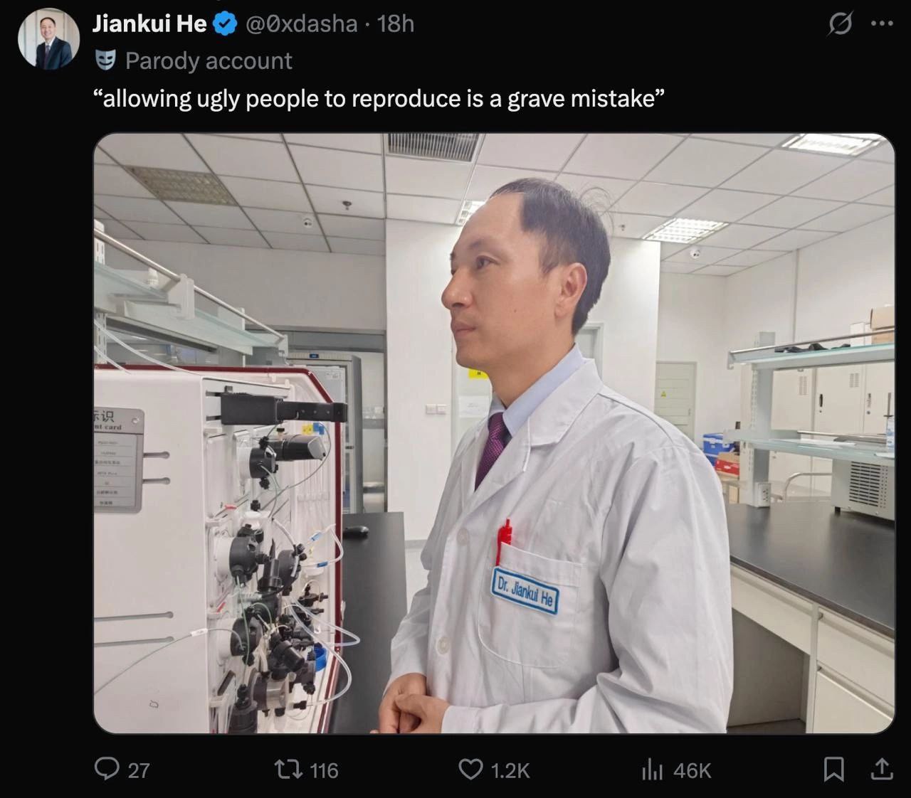 Jiankui Не Parody account “allowing ugly people to reproduce is a grave mistake if 7 27 116 iht