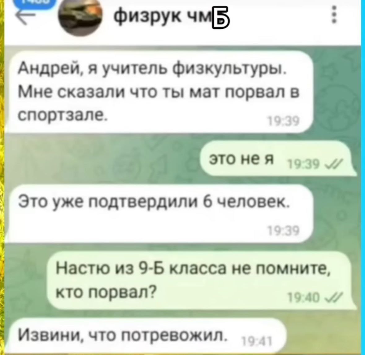 физрук Андрей, я учитель физкультуры. Мне сказали что ты мат порвал в спортзале. 19-39 это нея Это уже подтвердили 6 человек. 19:39 Настю из 9-6 класса не помните, к кто порвал? 19:40 Извини, что потр