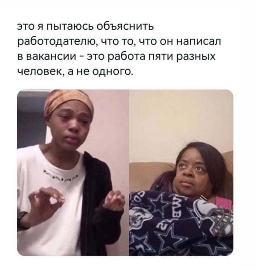 это я пытаюсь объяснить работодателю, что то, что он написал в вакансии это работа пяти разных человек, ане одного. КУР 7