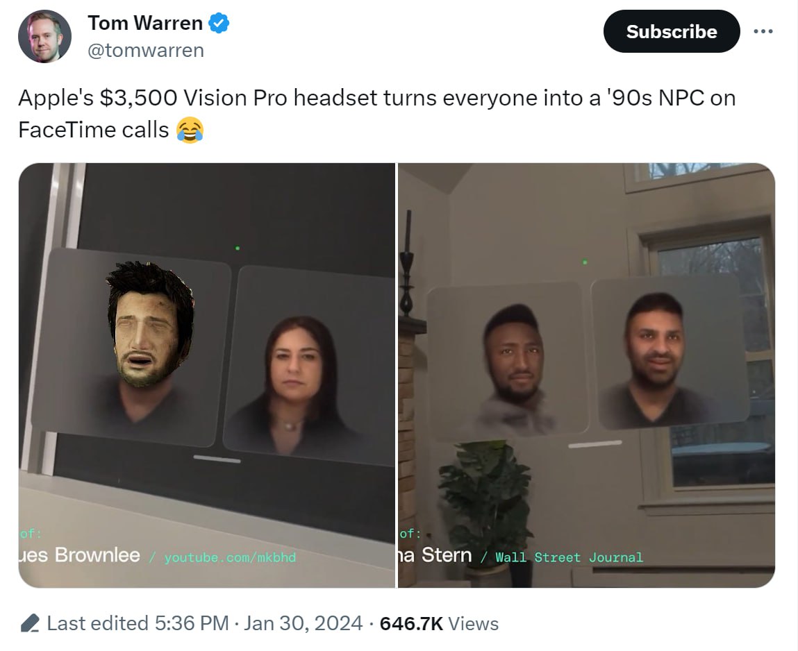 Тот Warren @tomwarren Apple's $3,500 Vision Pro headset turns everyone into a'90s NPC on FaceTime calls о youtube. com/mkbhd a Stern Wall Street Journal edited 5:36 Jan 30, 2024 Views