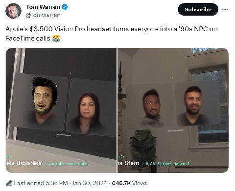 Тот Warren @tomwarren Apple's $3,500 Vision Pro headset turns everyone into a'90s NPC on FaceTime calls о youtube. com/mkbhd a Stern Wall Street Journal edited 5:36 Jan 30, 2024 Views