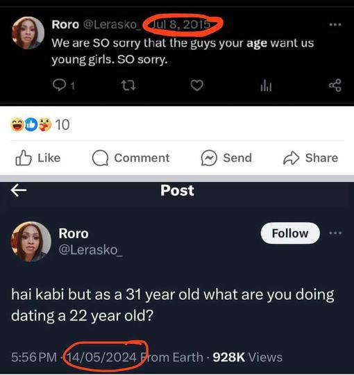 Кого у We are SO ъспу your age young gris. SO sory. 10 {о Like Comment Send Share Post Вого hai kabi but as а 31 year old what are you doing dating a 22 year old?