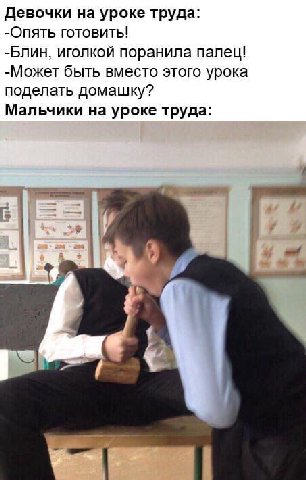 Девочки на уроке труда: -Опять готовить! -Блин, иголкой поранила палец! -Может быть вместо этого урока поделать домашку? Мальчики на уроке труда: