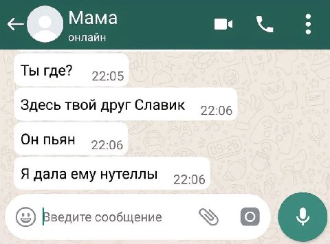 Мама 6 онлайн Ты где? 22-05 Здесь твой друг Славик 22.06 Он пьян 22:06 Я дала ему нутеллы 22:06 Введите сообщение
