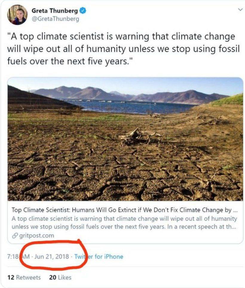 Greta Thunberg У "А top climate scientist is warning that climate change will wipe out all of humanity unless we stop using fossil fuels over the next five years." 2 5 Top Climate Scientist: Humans Wi